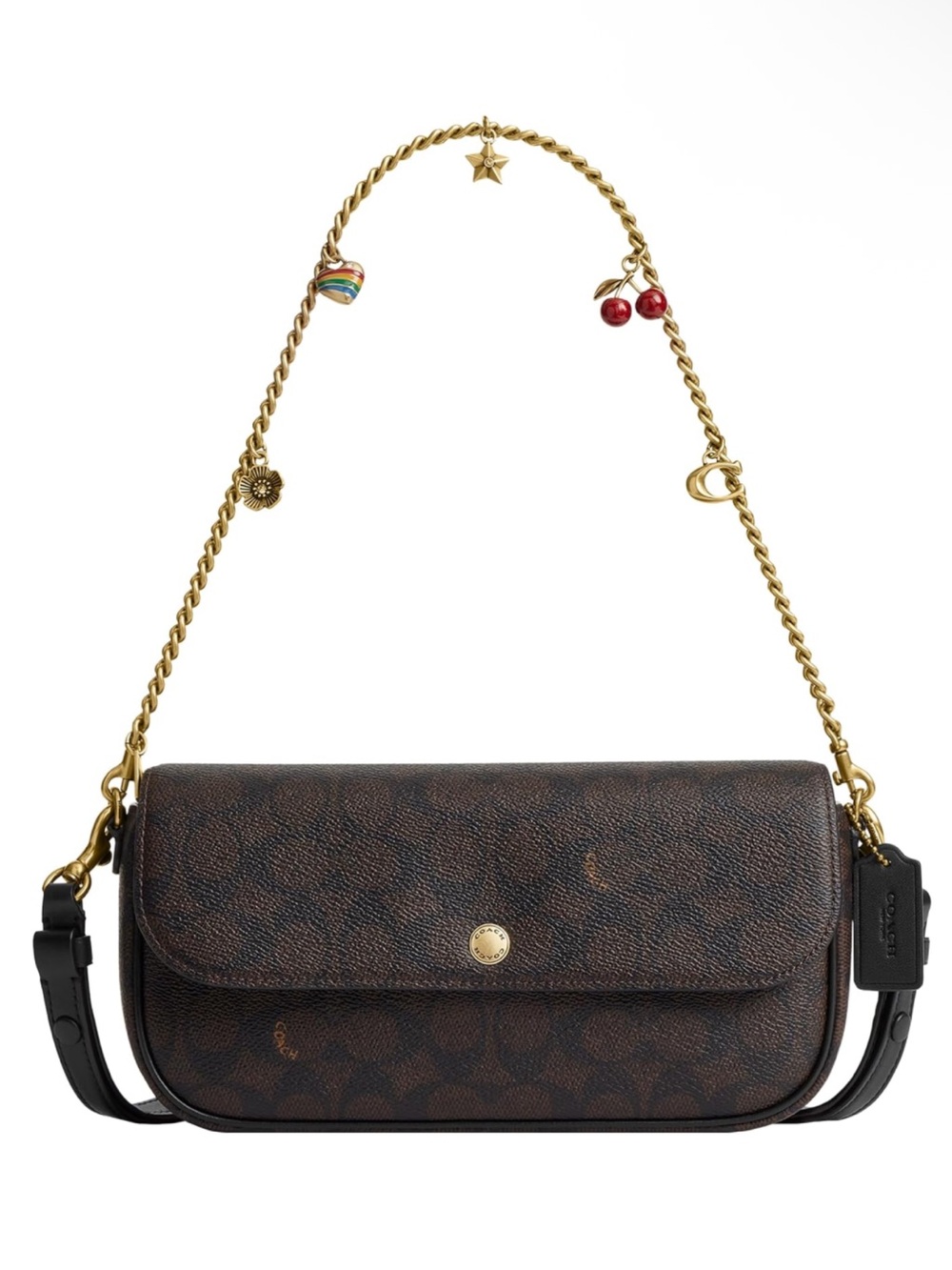 New Coach Dark Brown Brook Flap Signature Shoulder Bag with Gold Chain & Charms